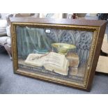 An antique still life watercolour of religious books and dish in ecclesiastical interior, unsigned