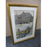 C.H.B Quennell, 1872-1935, a watercolour of market with buildings to rear. 21.5 X 31cms.