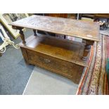 An old carved oak monks bench, early 20th Century 106cms