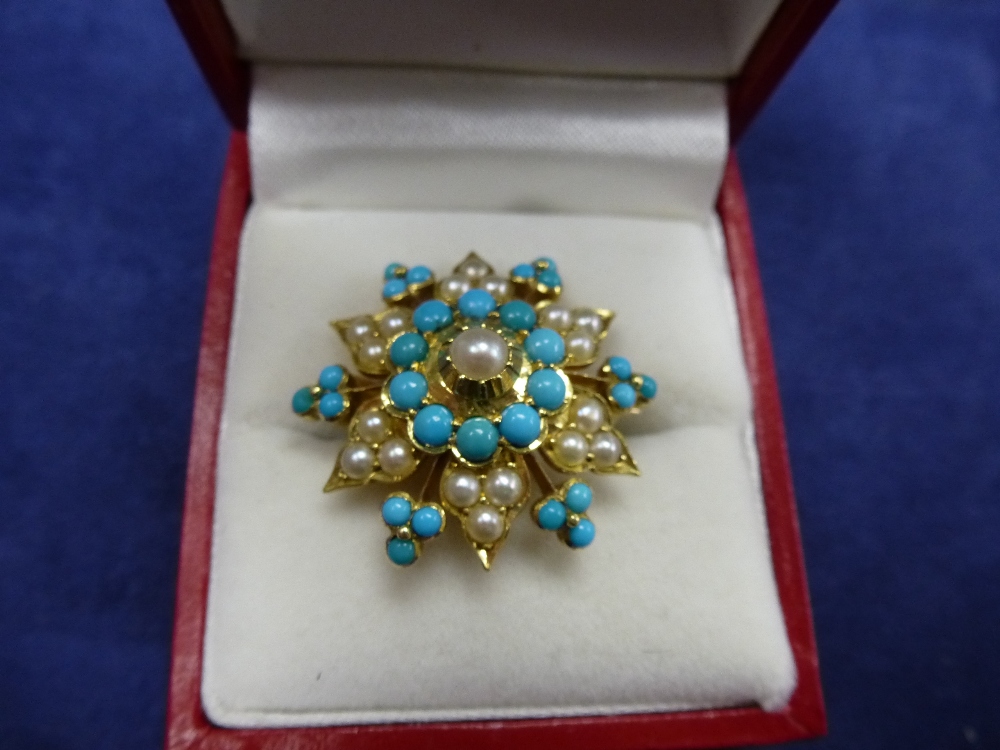 15ct yellow gold flower form pendant/brooch set with turquoise and seed pearls, 3cm diameter,