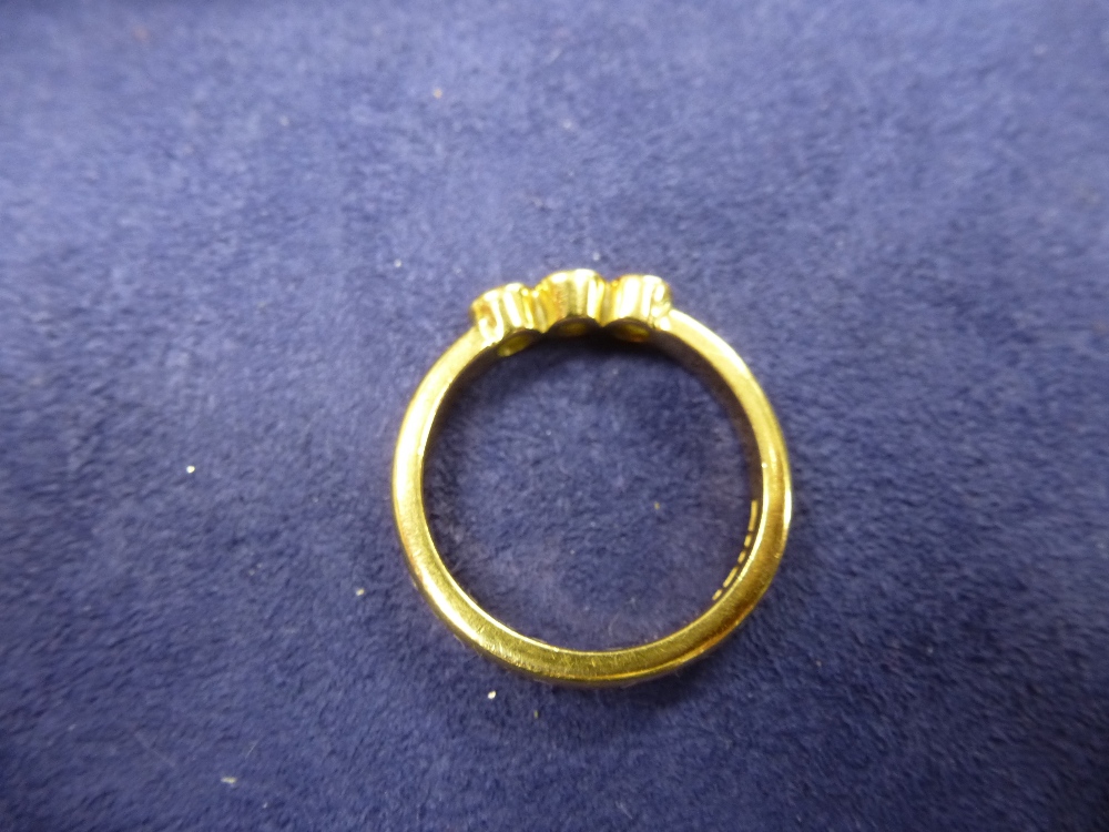 18ct yellow gold contemporary style ring set with 3 diamonds, shank stamped 750, EF Ltd, size Q, - Image 2 of 2