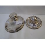 Silver circular ink well with hinged lid, liner missing, engraved 'Pamela 16.09.50' base 14cm