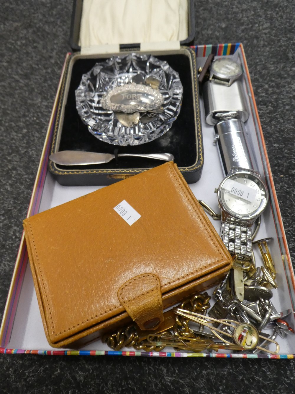 Silver 'PORT' label, 2 pairs of Silver cufflinks, vintage cufflinks, watches etc.
