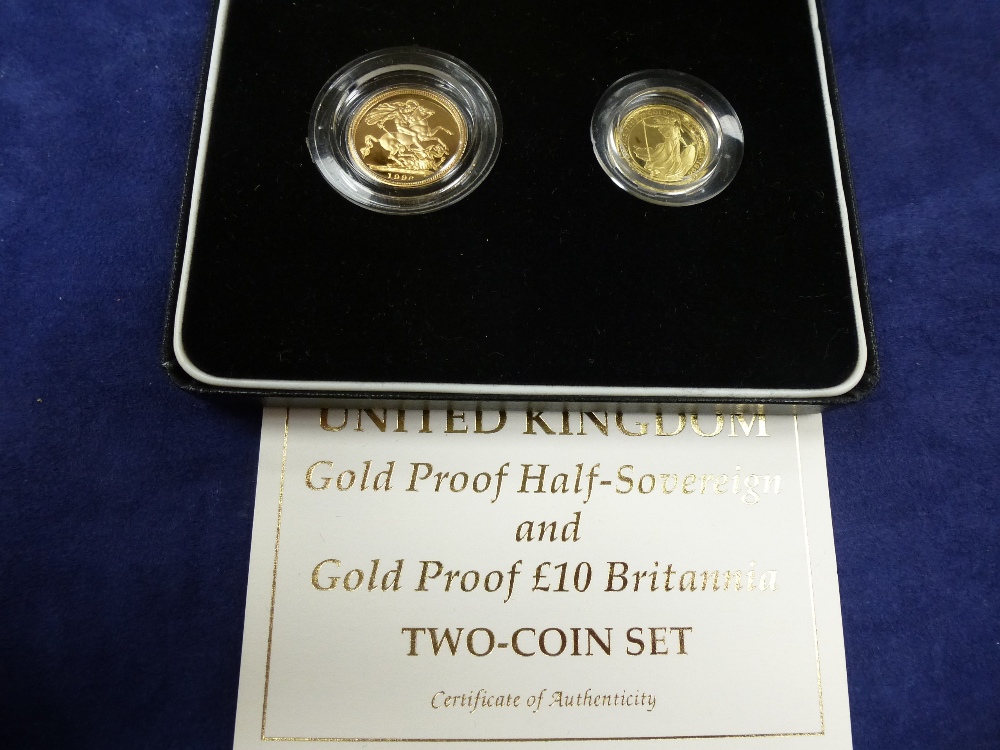 Two coin set comprising 22ct Gold Proof half 1996 Soverign and gold proof £10 Britannia coin,