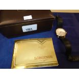 Gents vintage Longines wristwatch with silvered face, black leather strap AF, original box and