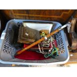 Crate of various costume jewellery inlaid boxes and resin topped riding crop