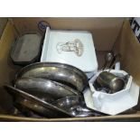 2 Boxes of various silver plated items incl. vintage enamelled kitchenalia etc.