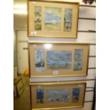 3 Framed and glazed pastels each containing 3 individual pictures