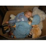 Boxes of vintage dolls and teddybears etc.
