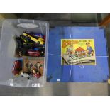 Vintage boxed football table, box mixed toys and boxed Bayko building set