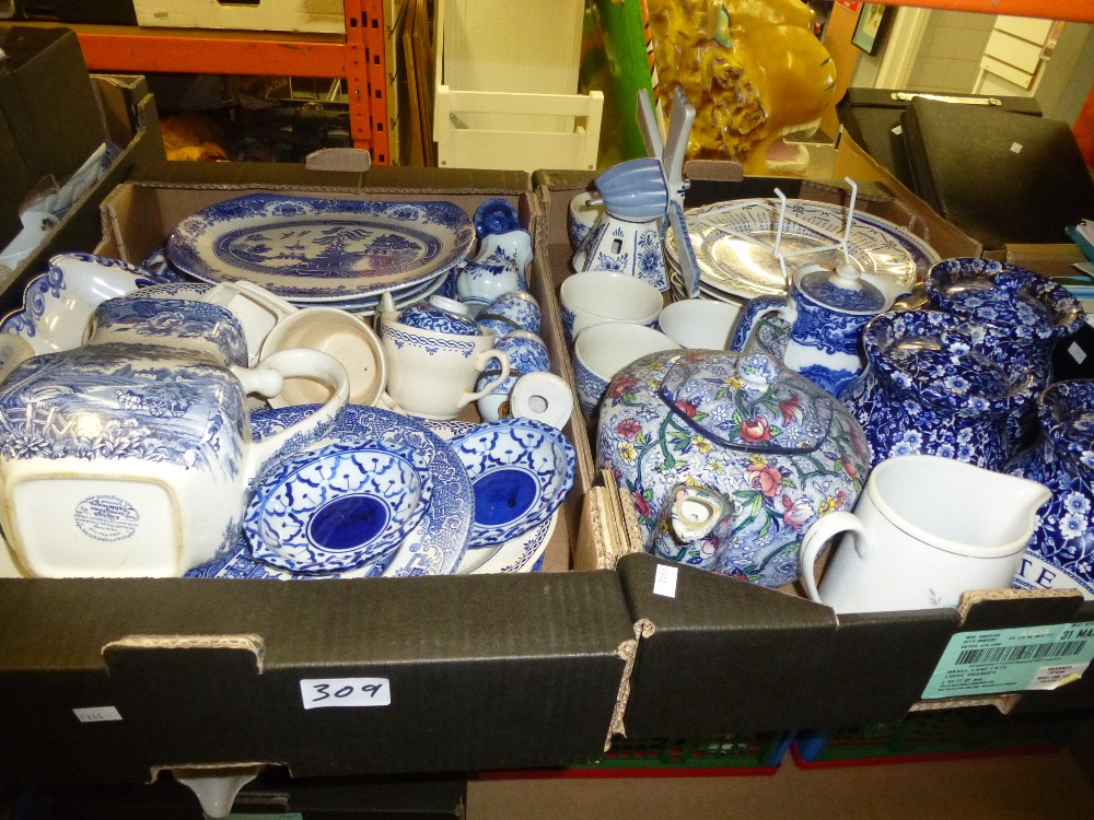 10 boxes of blue and white china to incl. plates, vases, jugs, teapots, cups etc.