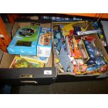 4 Boxes of mixed toys and games, posters incl. size M batman suit, Dr Who etc.