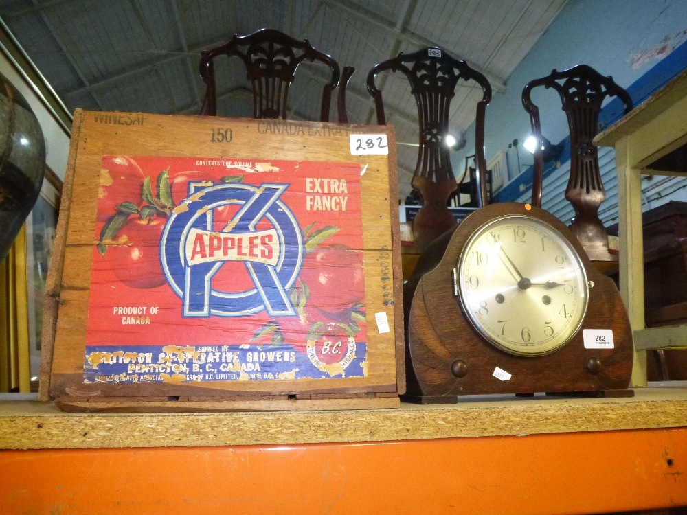 Vintage apple box advertising OK apples and a 1930 oak mantle clock