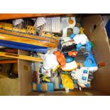 2 Boxes of vintage toys incl. 00 gauge, 2 galleons, Subbuteo, table cricket, teddy bears etc.