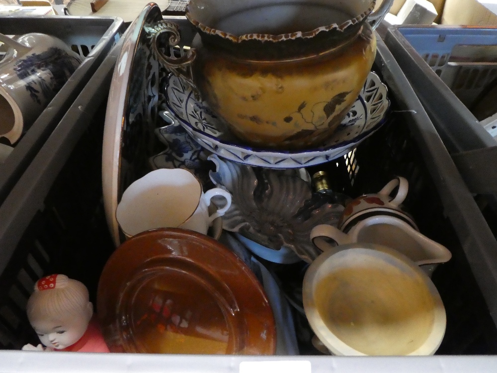 3 Boxes of mixed sundry to incl. silver plated dishes, jugs, ceramic fruit and ewer and basin etc.