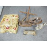 A Victorian push along rabbit, possibly Steiff, three Aubusson cushions and sundry.