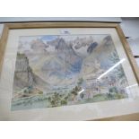 An antique oil of boats, an alpine watercolour and one other picture