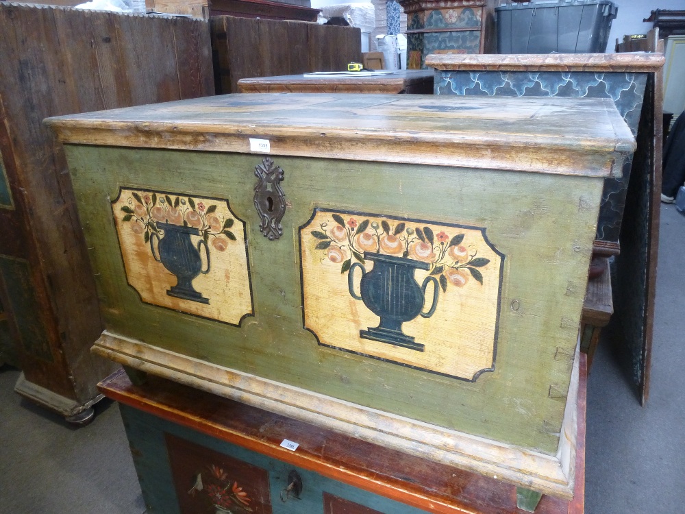 19th Century painted European coffer, hinged cover above a base with panels of classical urns and