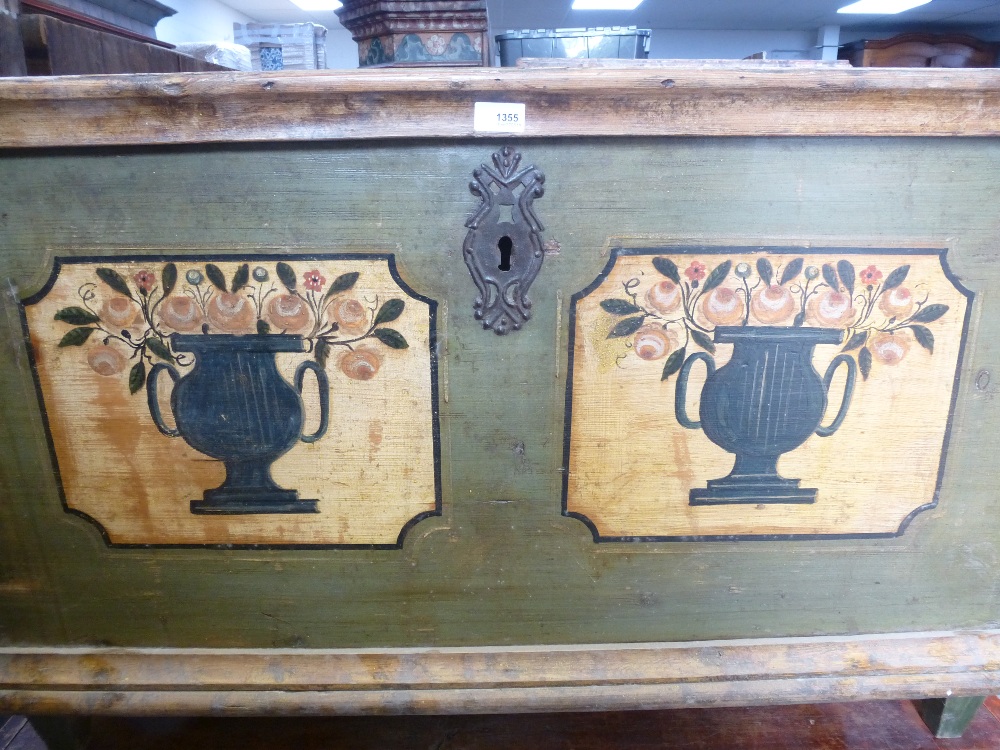 19th Century painted European coffer, hinged cover above a base with panels of classical urns and - Image 2 of 3