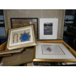 Large blue trunk containing various framed and glazed pictures and prints