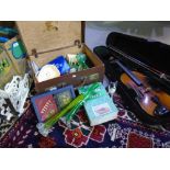 Vintage suitcase of collectables, cased modern violin Af, pair of cast metal brackets etc