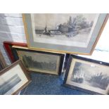 Five 19th century black and white prints of buildings and Southend