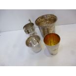 Silver comprising small trophy cup, mug and 2 white coloured metal beakers, total item weight 6 troy