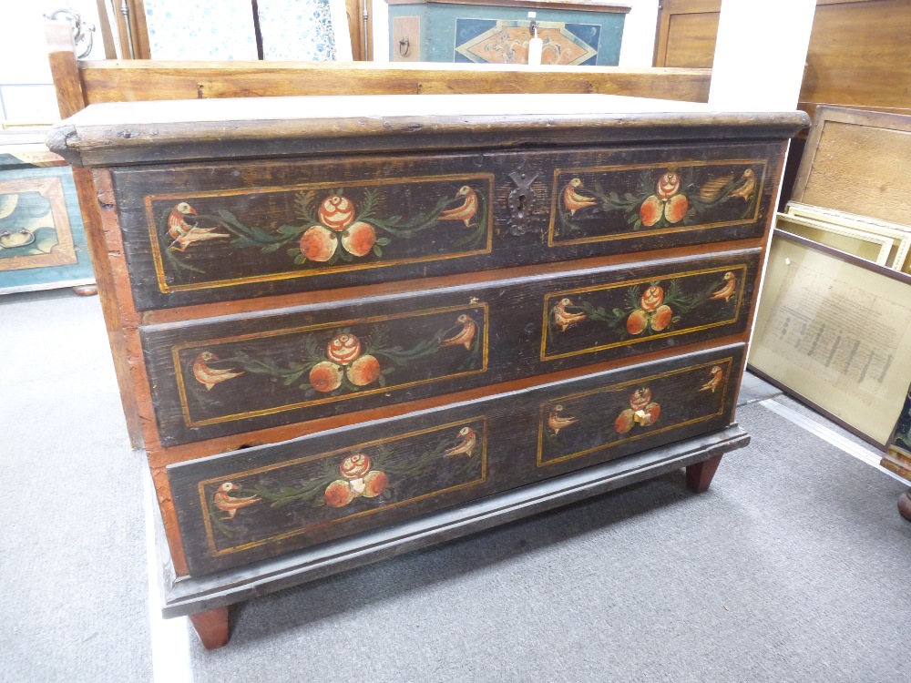 A 19th century European Coffer, painted as faux ch of two and one real, drawers, each drawer painted