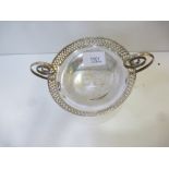 Walker & Hall Sheffield silver standing bon-bon dish with pierced edge, double scroll handles,