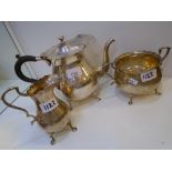 Mappin and Webb plain silver 3 piece tea service, bulbous form, engraved with initial 'S', on 4