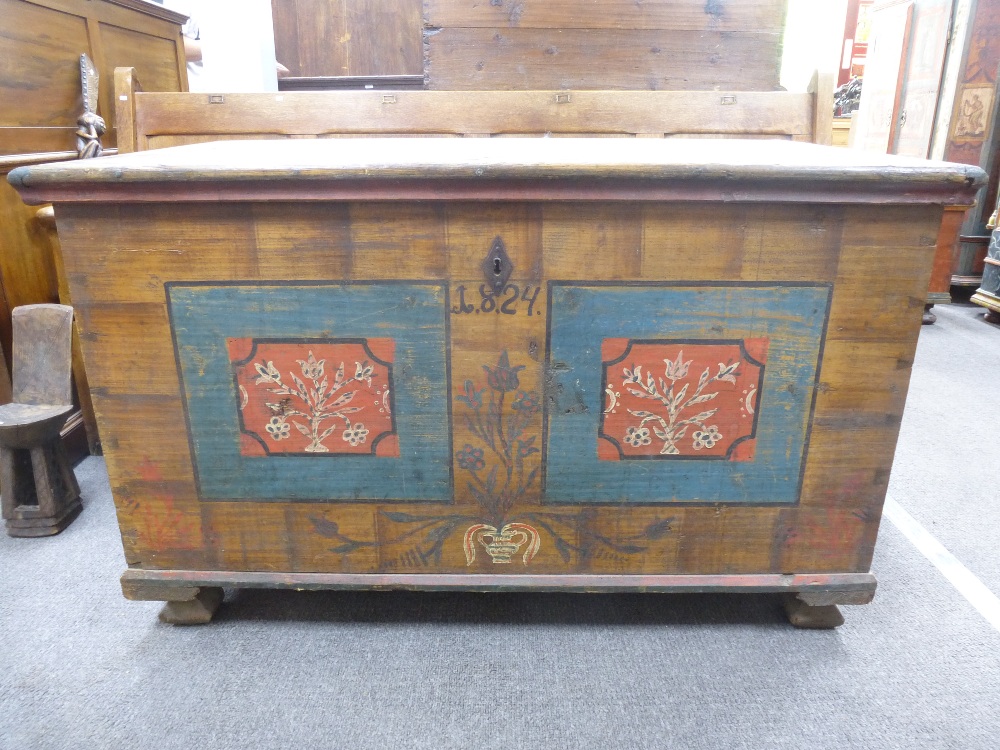 A 19th century painted European Coffer, dated 1824, the hinged top above a base painted with - Bild 2 aus 3