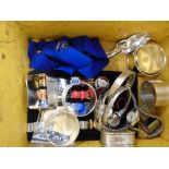 Box of collectables incl. silver napkin rings, vintage wristwatches, whistle, masonic badge etc