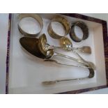 Collection of silver items including small Victorian sauce ladle, Newcastle 1863, Georgian table