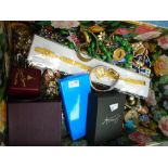 Box of costume jewellery and sundry items including brooches, wristwatches, modern silver and