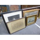 Two 19th century prints in birdseye maple frames and other pictures.