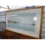 A large watercolour of Old Portsmouth looking towards the Isle Of Wight, probably 1950's/60's signed