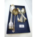 Silver comprising a pair of Georgian serving spoons, sugar sifting spoon, set of 6 silver teasoons