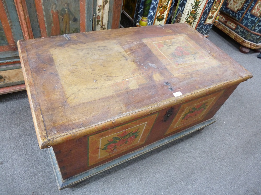 A 19th century painted European Coffer, a hinged top above base painted with square panels of - Bild 2 aus 2