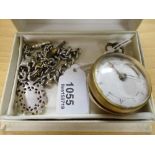 Antique English brass cased pocket watch with white enamel face and verge fusee movement by J.