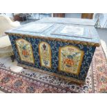 A large 19th century painted Coffer, central European, the hinged top and base painted with the "