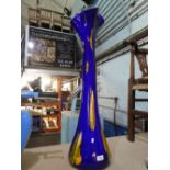 Tall glass blue vase with handkerchief top together with a corner hall chair, A/F