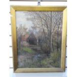 Three oil on canvas of woodland scenes and a farm building