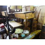 Vintage wrought iron and oak students desk with lift lid and seat