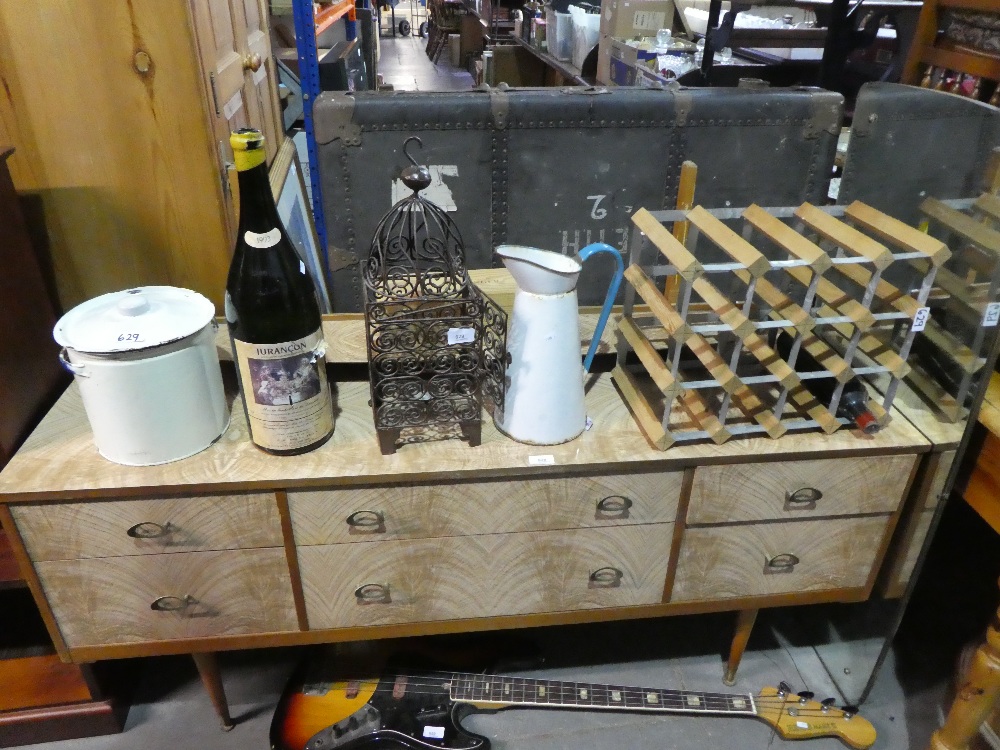 Sundry items to incl. small wine rack, enamelled jug, large empty wine bottle