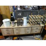 Sundry items to incl. small wine rack, enamelled jug, large empty wine bottle