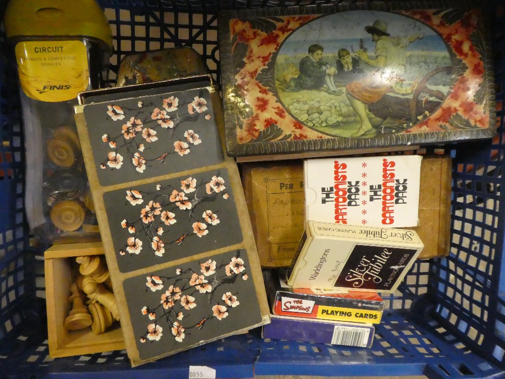 3 small crates of vintage playing cards and games