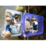 Box of mixed china incl Lladro figure AF, Commemorativeware and box of dolls incl a Steiff bear