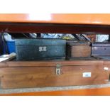 A quantity of old boxes and a glass door display cabinet