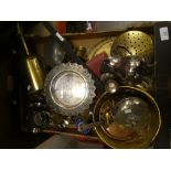 Large quantity of brass and silver plated items to include warming tray.