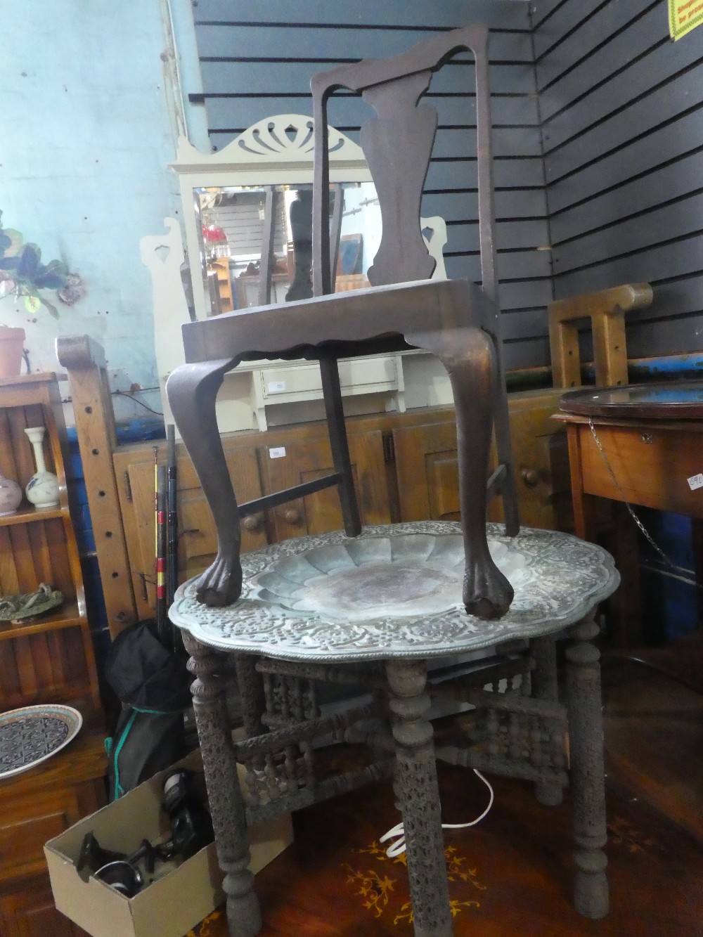 A Jaipur School of Art brass tray topped occasional table, possibly retailed by Liberty and Co